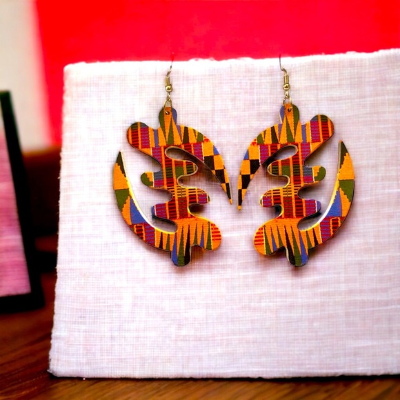 Adinkra Gye Nyame African Print Wooden Earrings 3IN - Picture 2 of 5